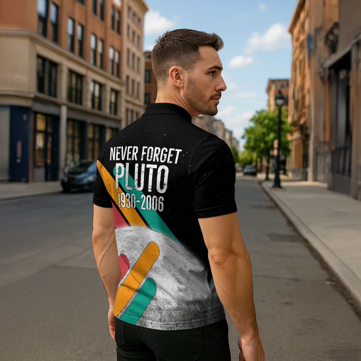 Never Forget Pluto Zipper Polo Shirt Retro Space Astronomy Science