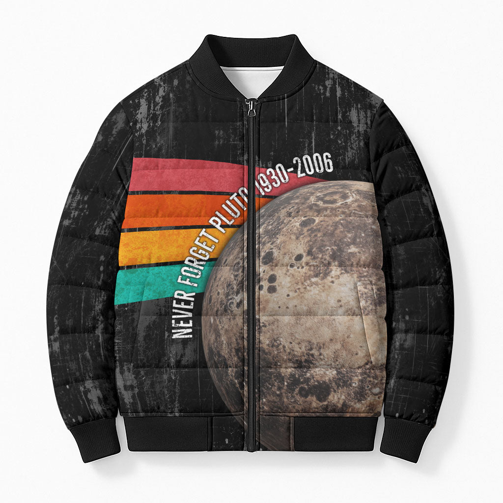 Never Forget Pluto Bomber Puffer Jacket Distressed Retro Space Astronomy Science