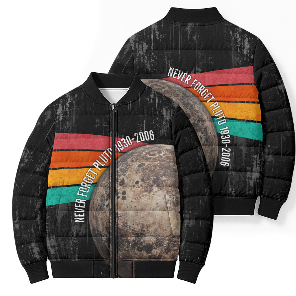 Never Forget Pluto Bomber Puffer Jacket Distressed Retro Space Astronomy Science