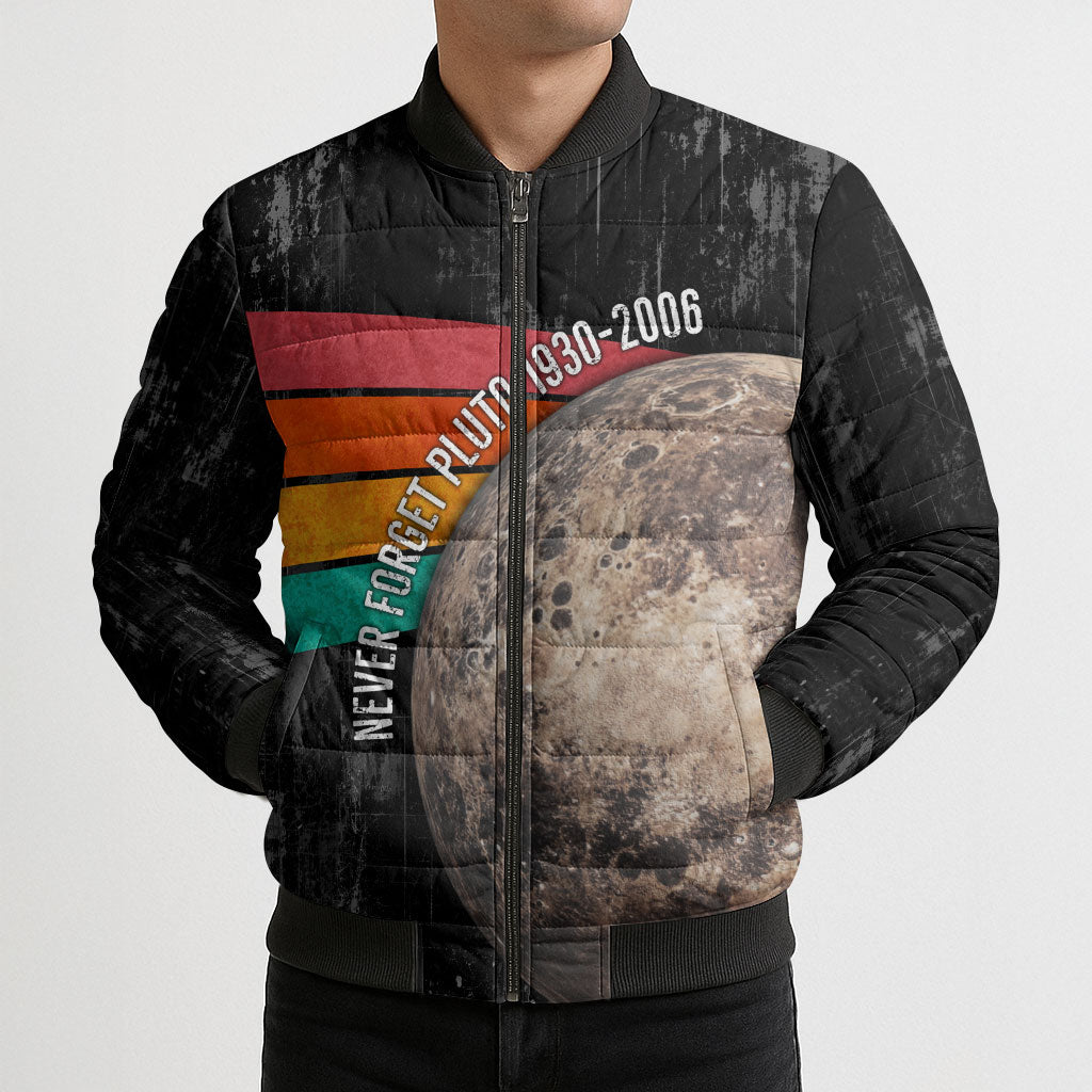 Never Forget Pluto Bomber Puffer Jacket Distressed Retro Space Astronomy Science