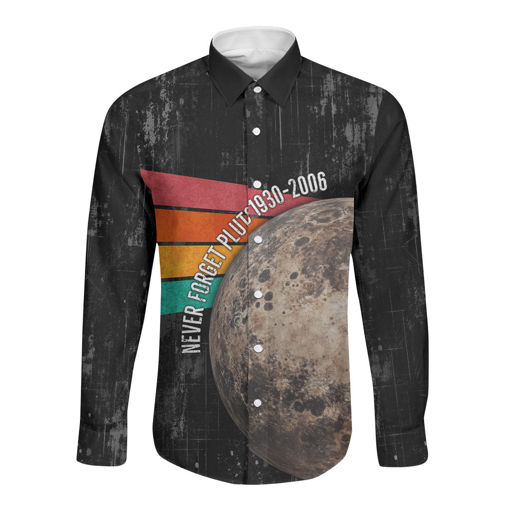 Never Forget Pluto Long Sleeve Button Shirt Distressed Retro Space Astronomy Science