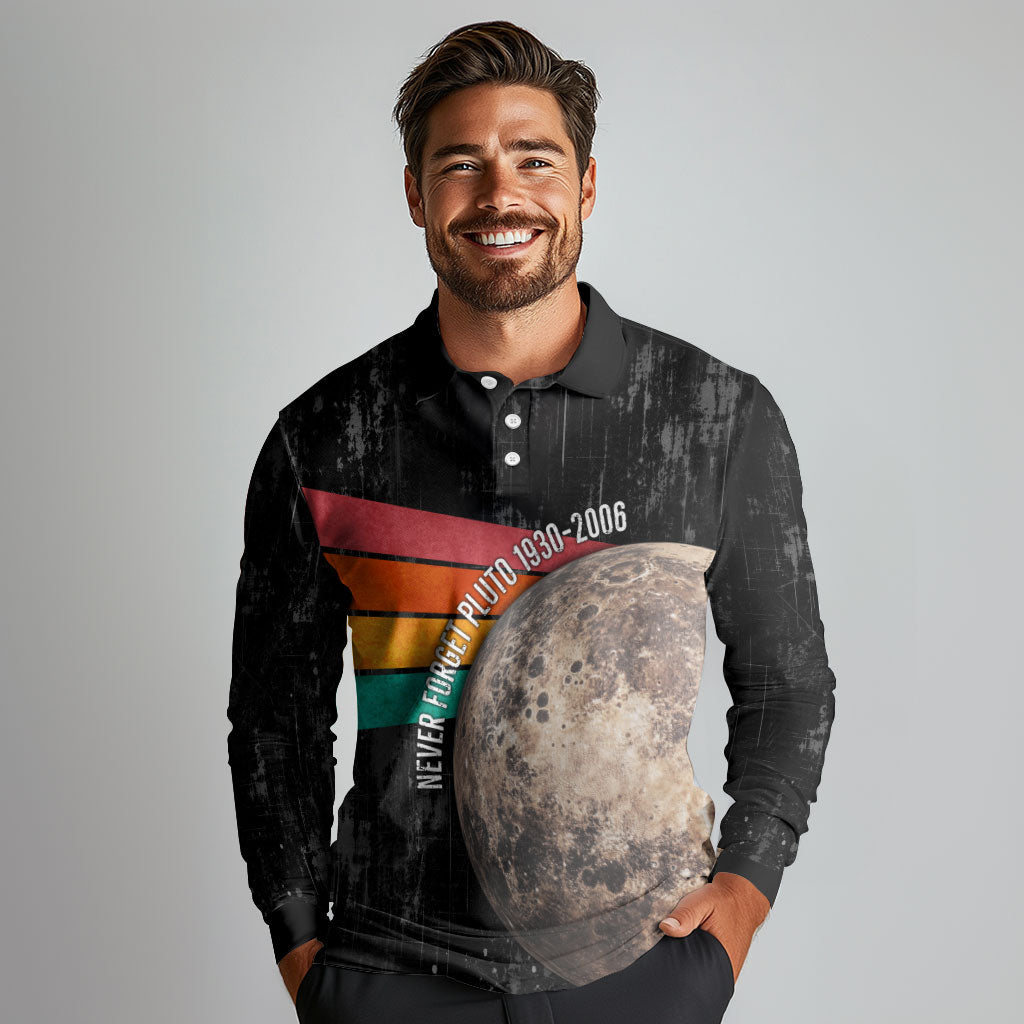 Never Forget Pluto Long Sleeve Polo Shirt Distressed Retro Space Astronomy Science