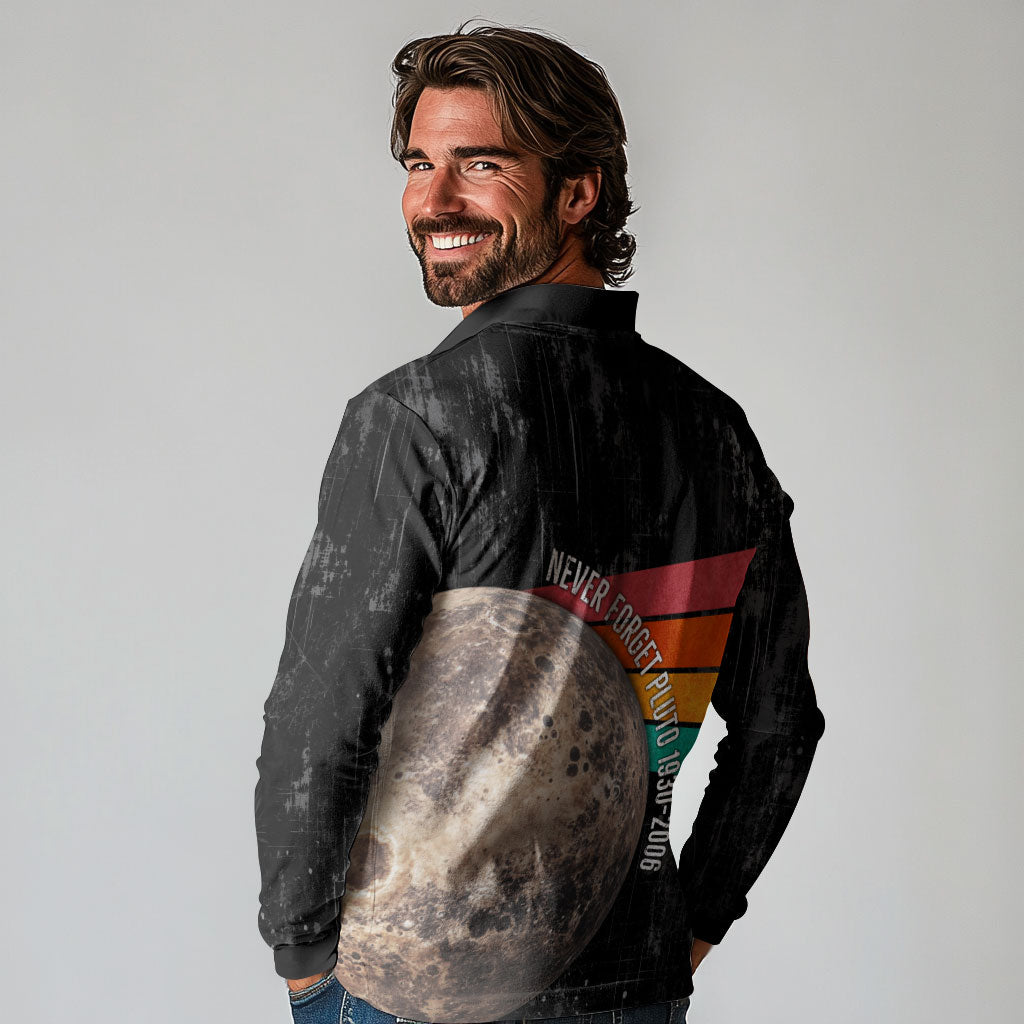 Never Forget Pluto Long Sleeve Polo Shirt Distressed Retro Space Astronomy Science
