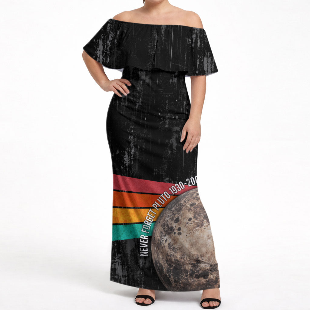 Never Forget Pluto Off Shoulder Maxi Dress Distressed Retro Space Astronomy Science