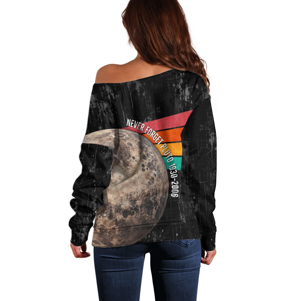 Never Forget Pluto Off Shoulder Sweater Distressed Retro Space Astronomy Science