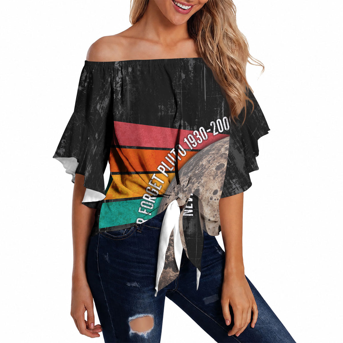 Never Forget Pluto Off Shoulder Wrap Waist Top Distressed Retro Space Astronomy Science