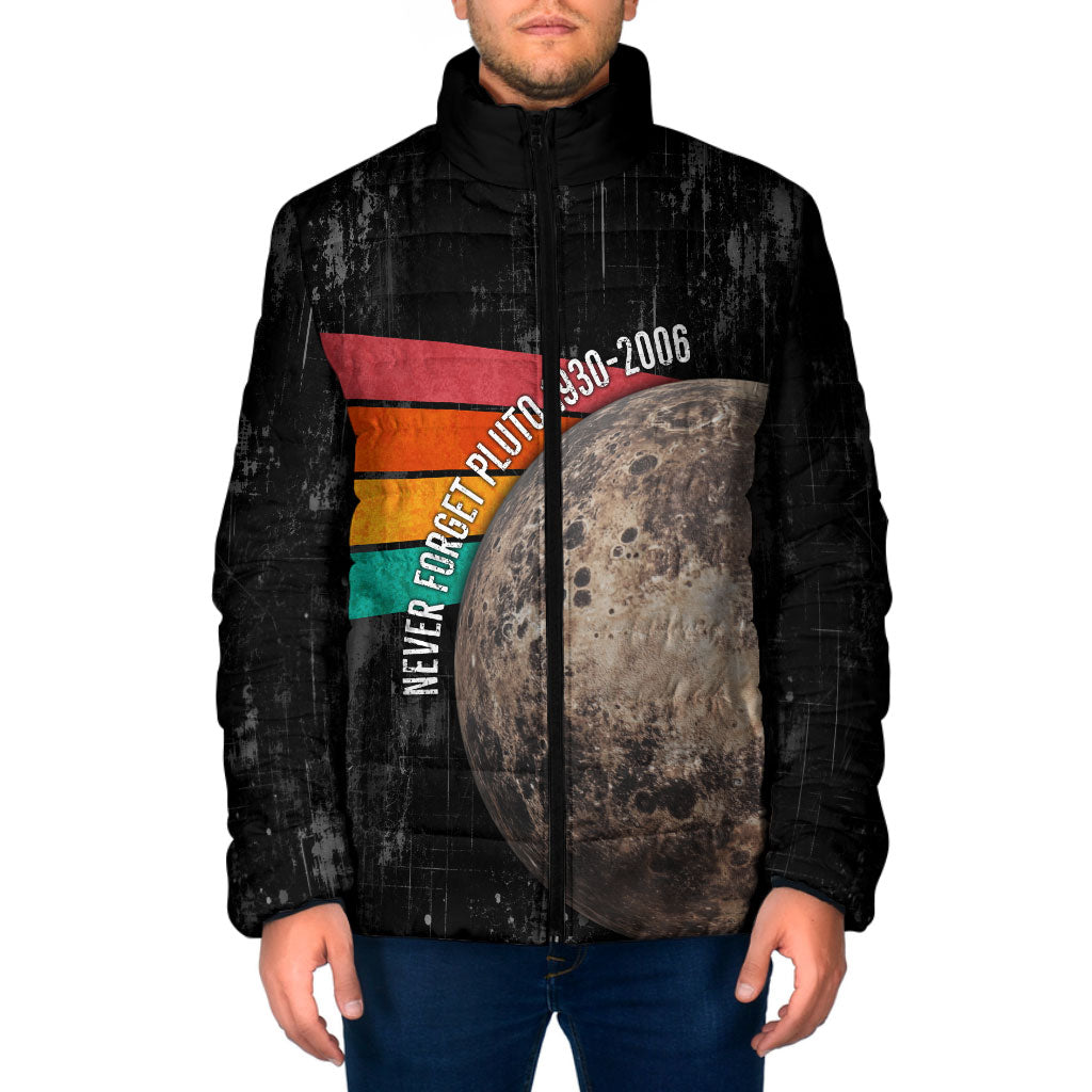 Never Forget Pluto Padded Jacket Distressed Retro Space Astronomy Science