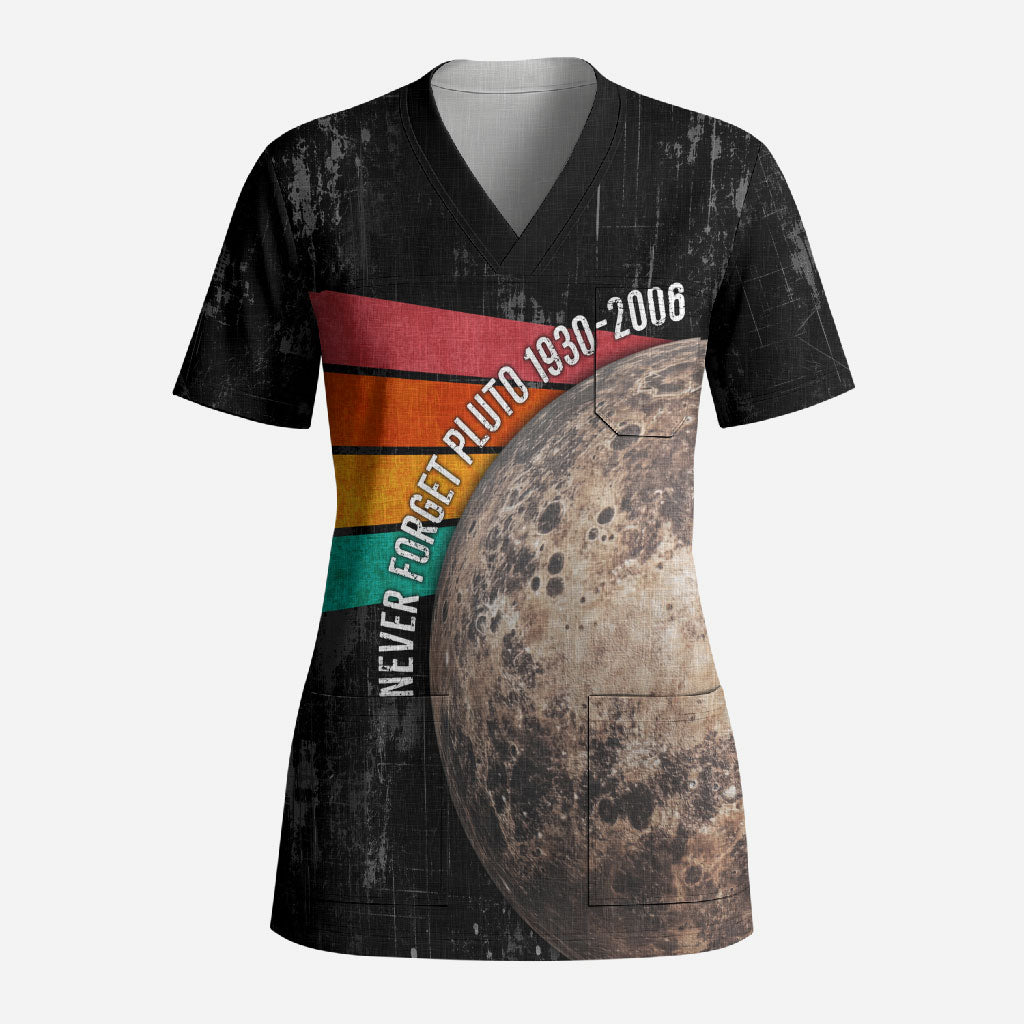 Never Forget Pluto Scrub Top Distressed Retro Space Astronomy Science