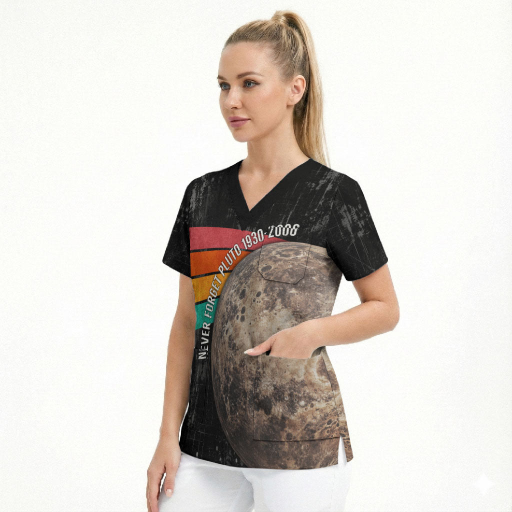 Never Forget Pluto Scrub Top Distressed Retro Space Astronomy Science