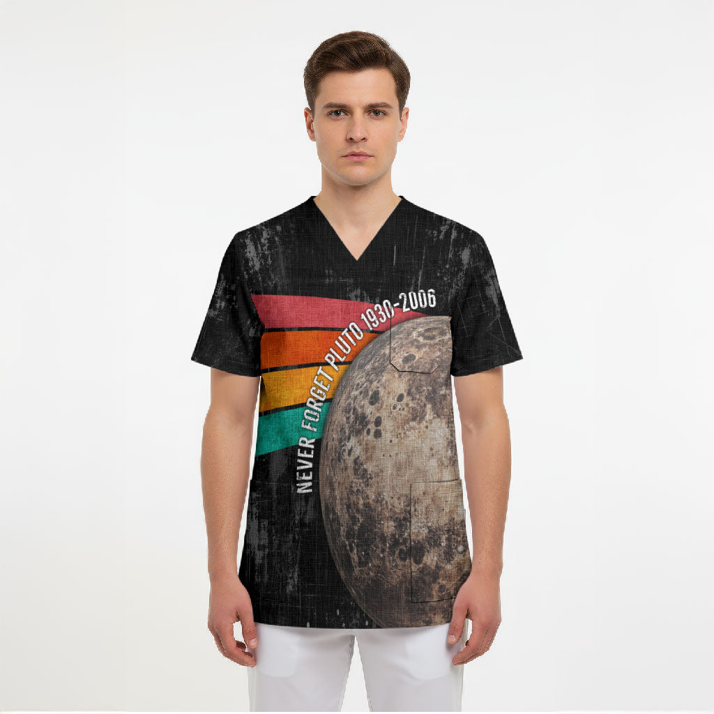 Never Forget Pluto Scrub Top Distressed Retro Space Astronomy Science