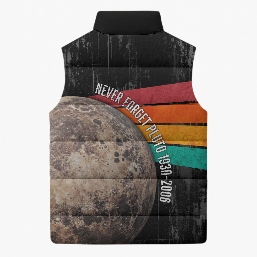Never Forget Pluto Sleeveless Puffer Jacket Distressed Retro Space Astronomy Science