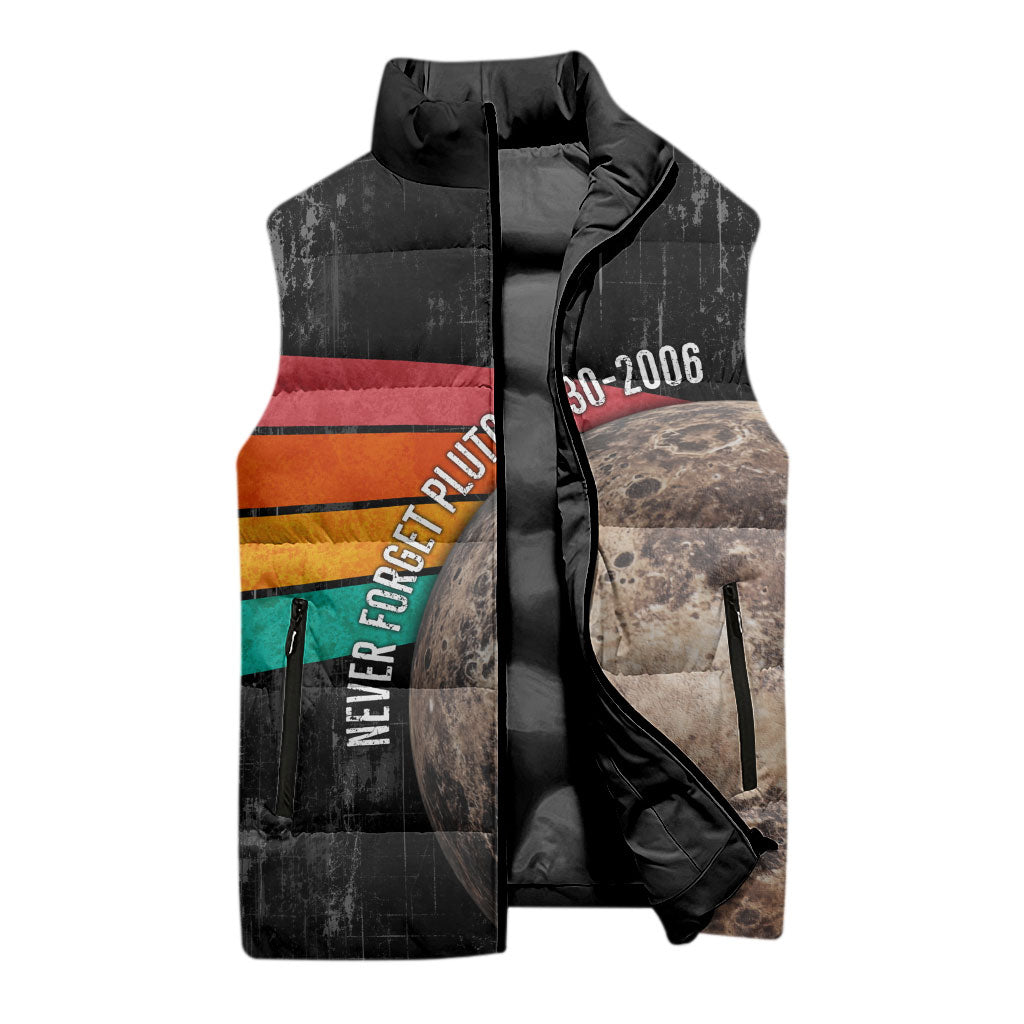 Never Forget Pluto Sleeveless Puffer Jacket Distressed Retro Space Astronomy Science