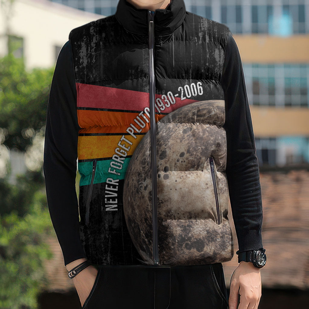 Never Forget Pluto Sleeveless Puffer Jacket Distressed Retro Space Astronomy Science
