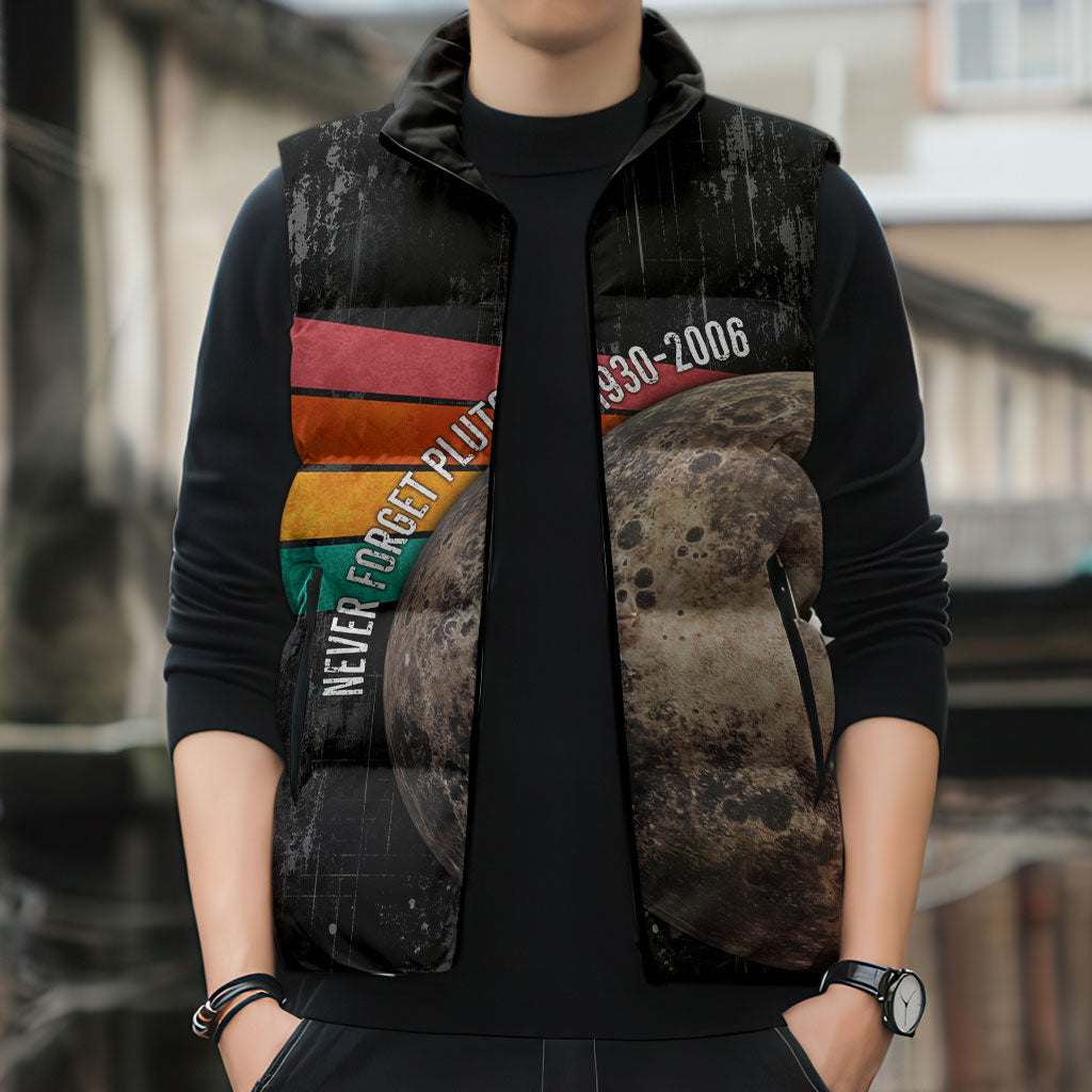 Never Forget Pluto Sleeveless Puffer Jacket Distressed Retro Space Astronomy Science