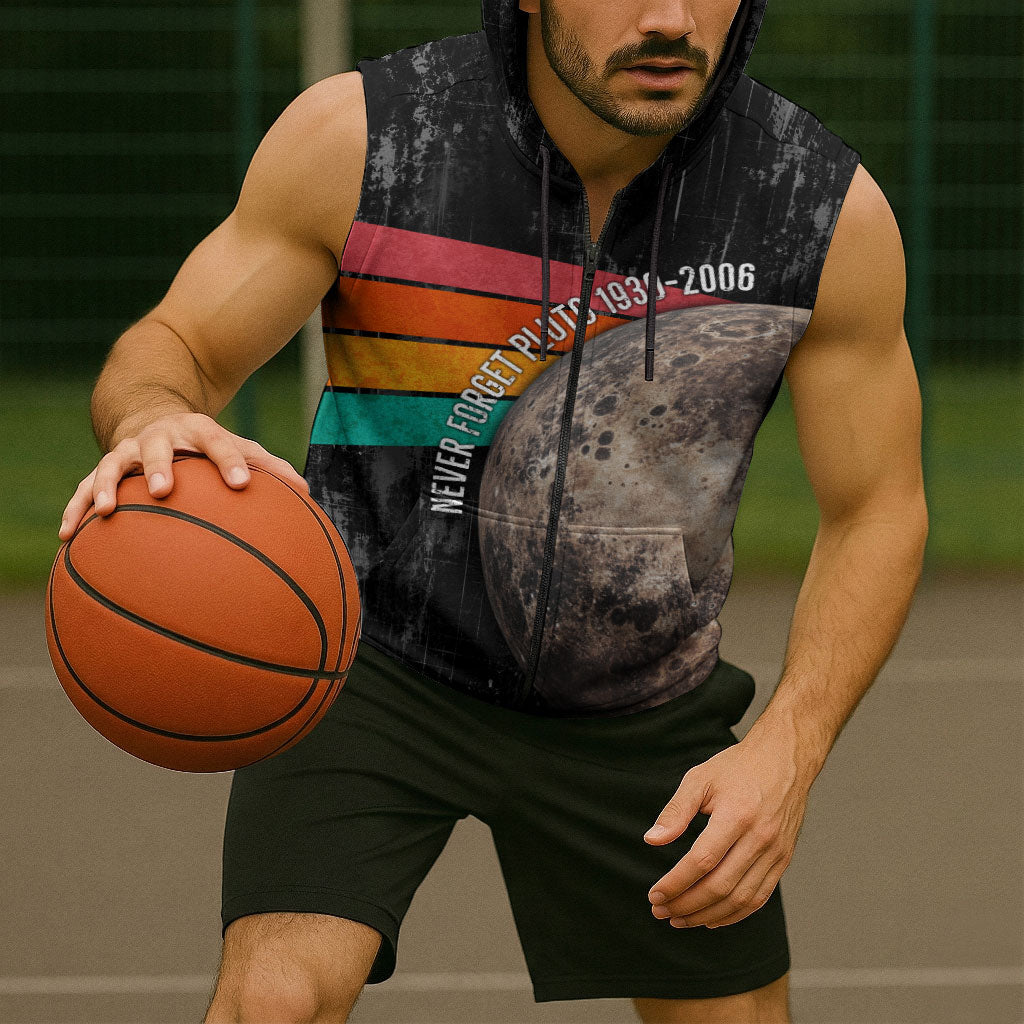 Never Forget Pluto Sleeveless Zip Hoodie Distressed Retro Space Astronomy Science