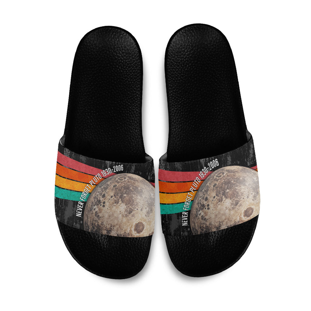 Never Forget Pluto Slide Sandals Distressed Retro Space Astronomy Science