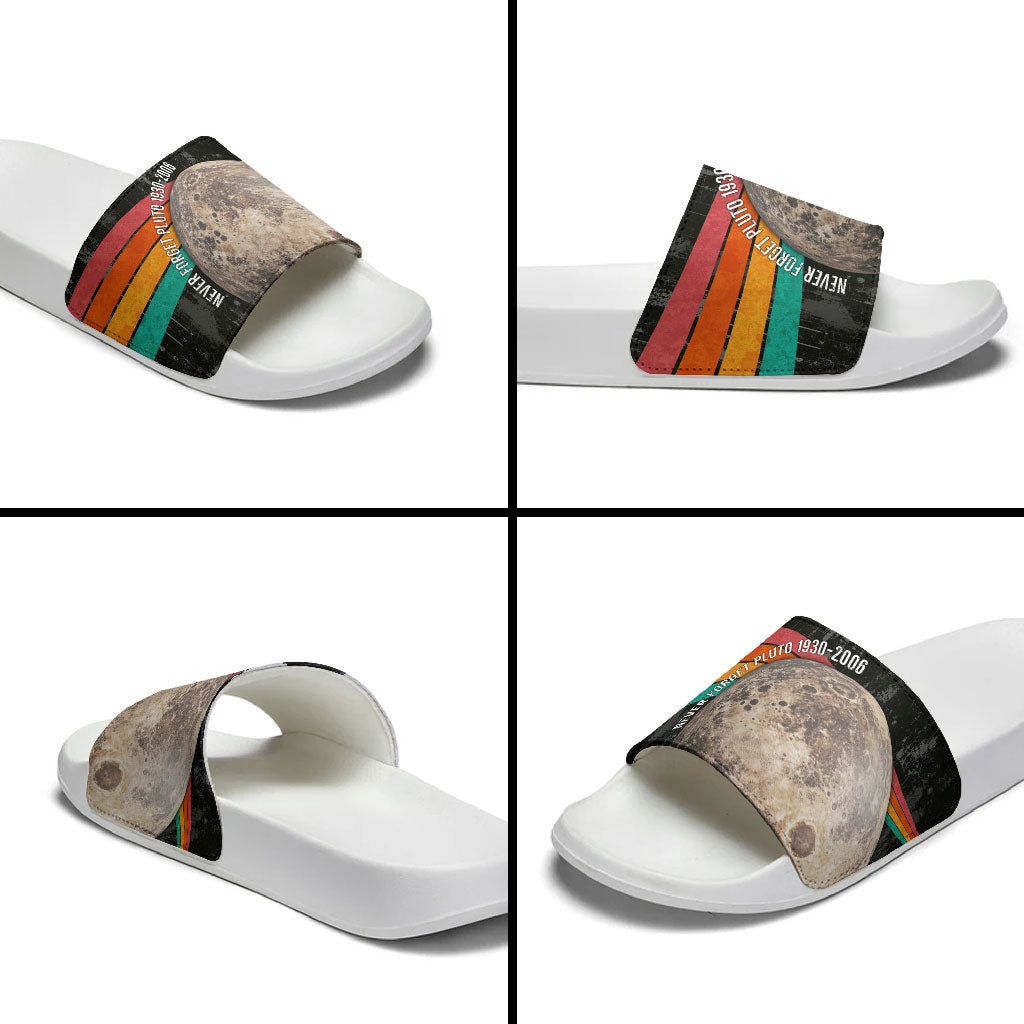 Never Forget Pluto Slide Sandals Distressed Retro Space Astronomy Science