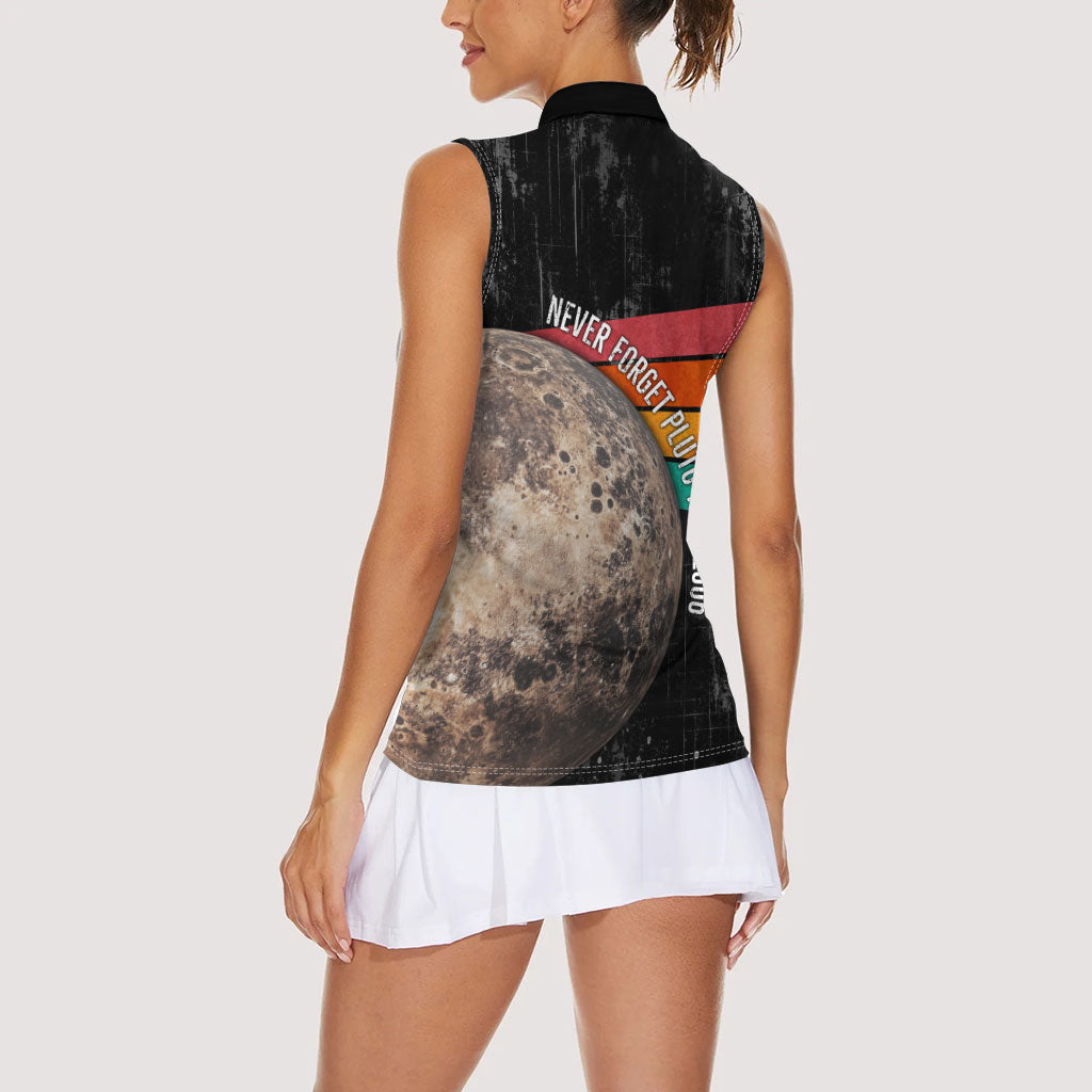 Never Forget Pluto Women Sleeveless Polo Shirt Distressed Retro Space Astronomy Science