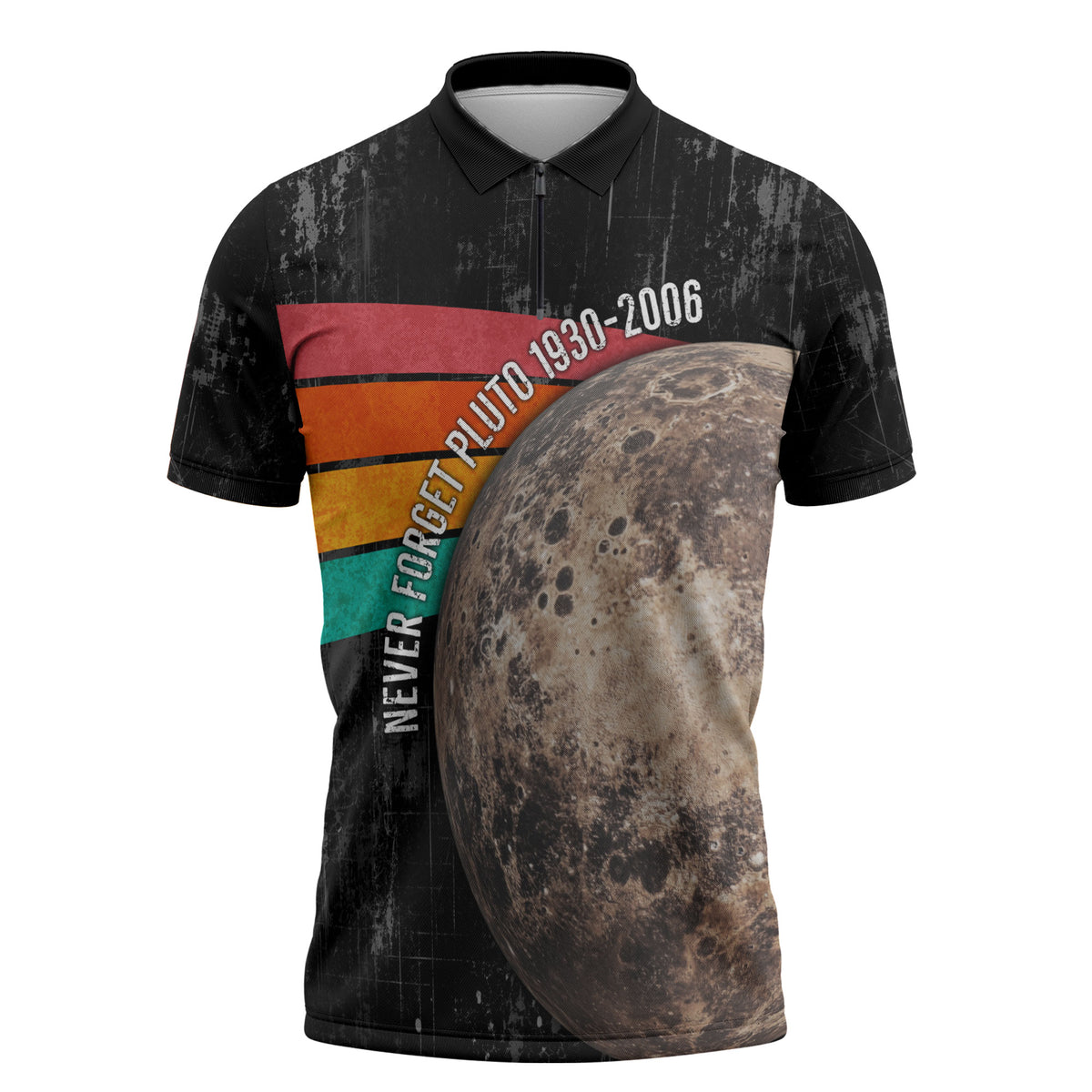 Never Forget Pluto Zipper Polo Shirt Distressed Retro Space Astronomy Science