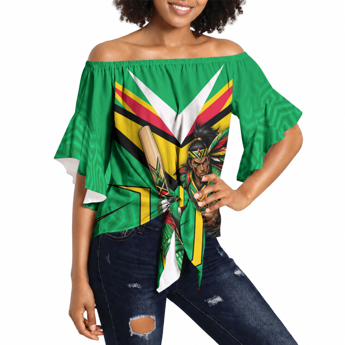 Personalized Guyana Cricket Amazon Warriors Off Shoulder Wrap Waist Top Tribal Warrior Mascot Fan