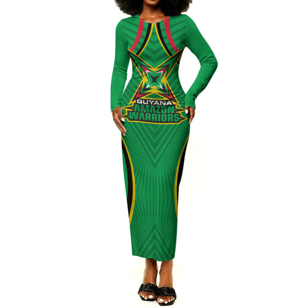 Personalized Guyana Cricket Amazon Warriors Long Sleeve Bodycon Dress Modern Geometric Sports Fan