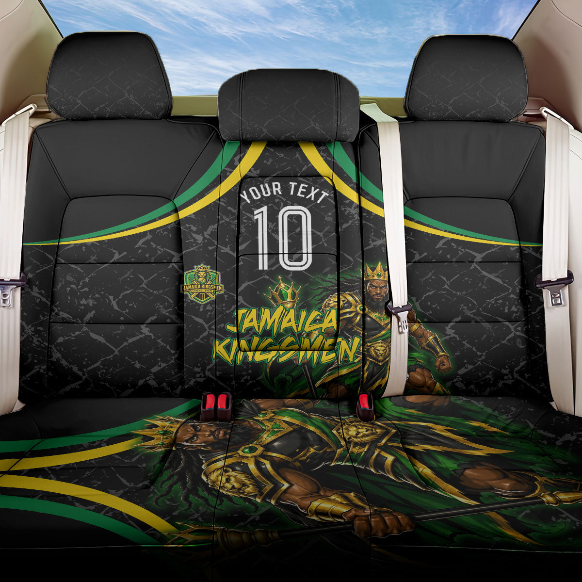Personalized Jamaica Kingsmen Back Car Seat Cover Caribbean Cricket Royal Warrior King Mascot