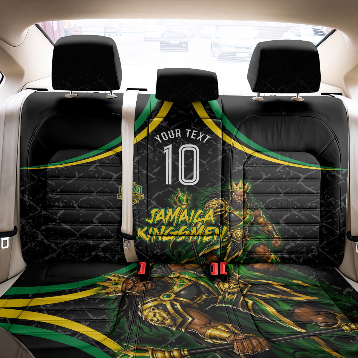 Personalized Jamaica Kingsmen Back Car Seat Cover Caribbean Cricket Royal Warrior King Mascot