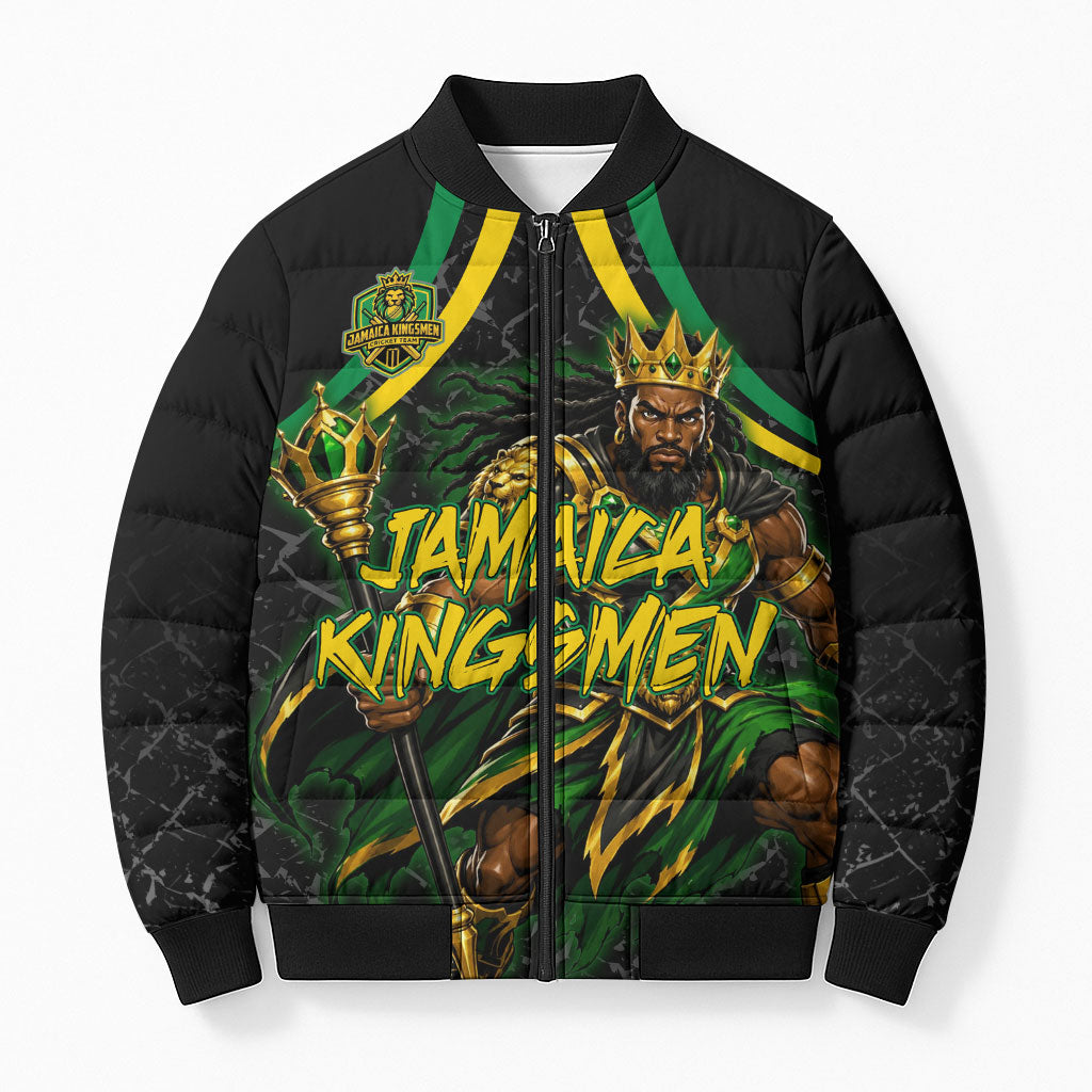 Personalized Jamaica Kingsmen Bomber Puffer Jacket Caribbean Cricket Royal Warrior King Mascot