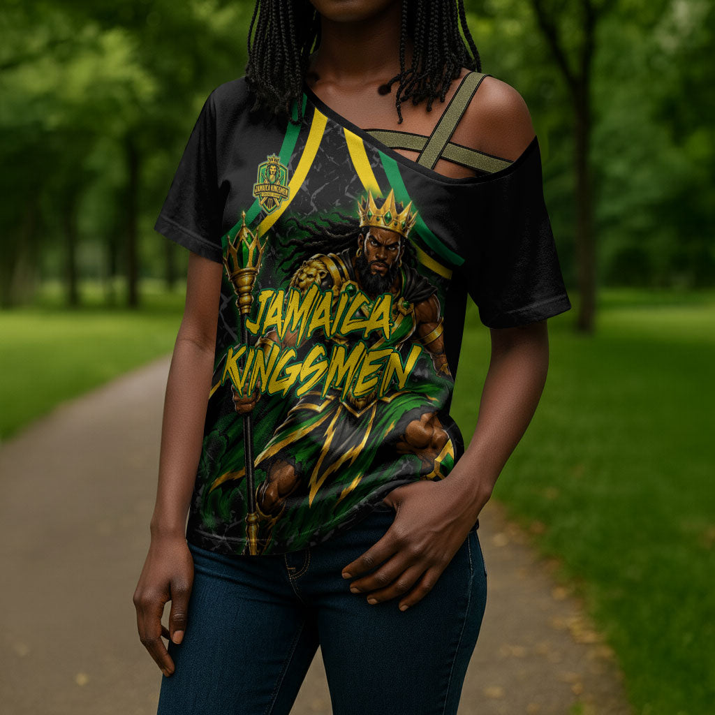 Personalized Jamaica Kingsmen Cross Shoulder Shirt Caribbean Cricket Royal Warrior King Mascot