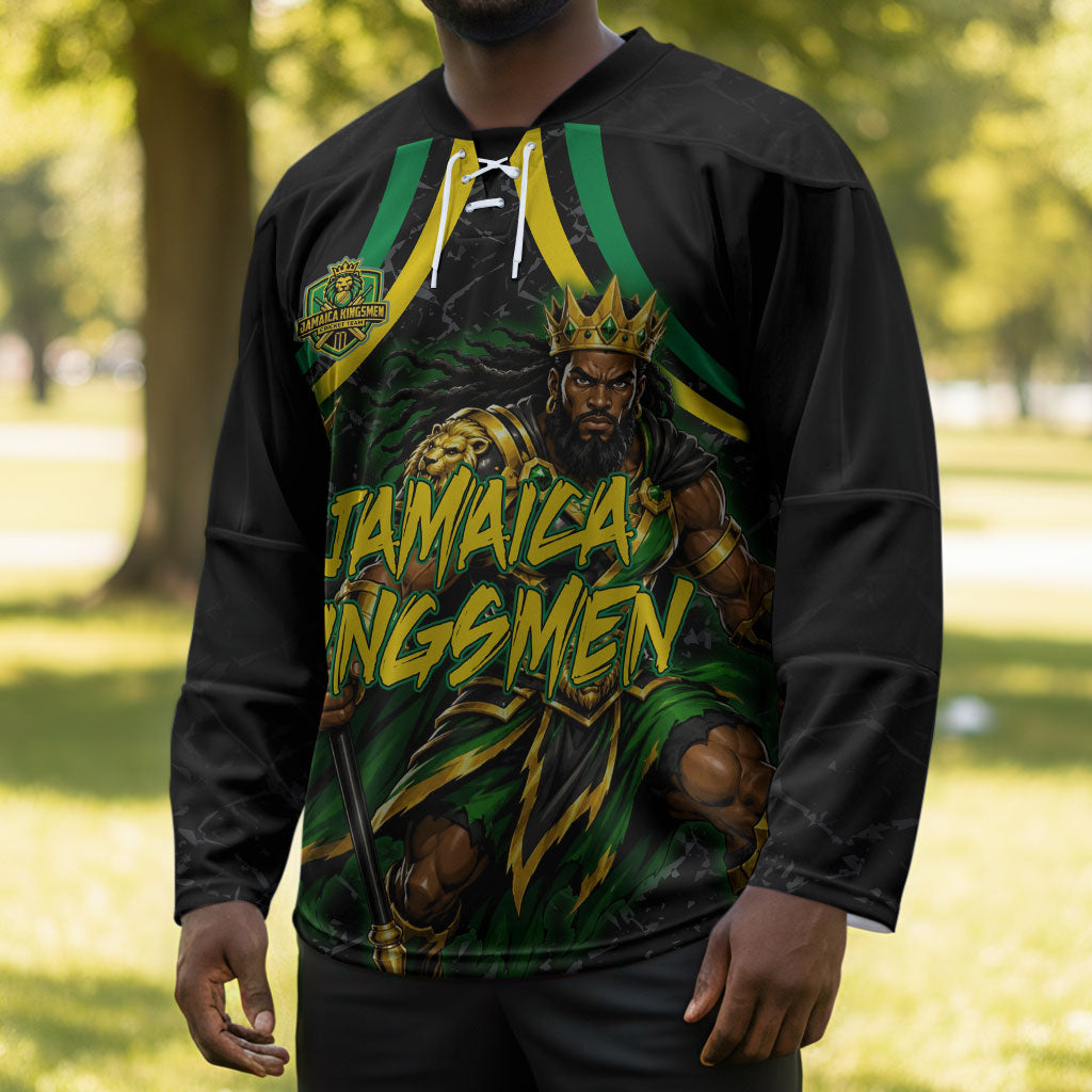 Personalized Jamaica Kingsmen Hockey Jersey Caribbean Cricket Royal Warrior King Mascot