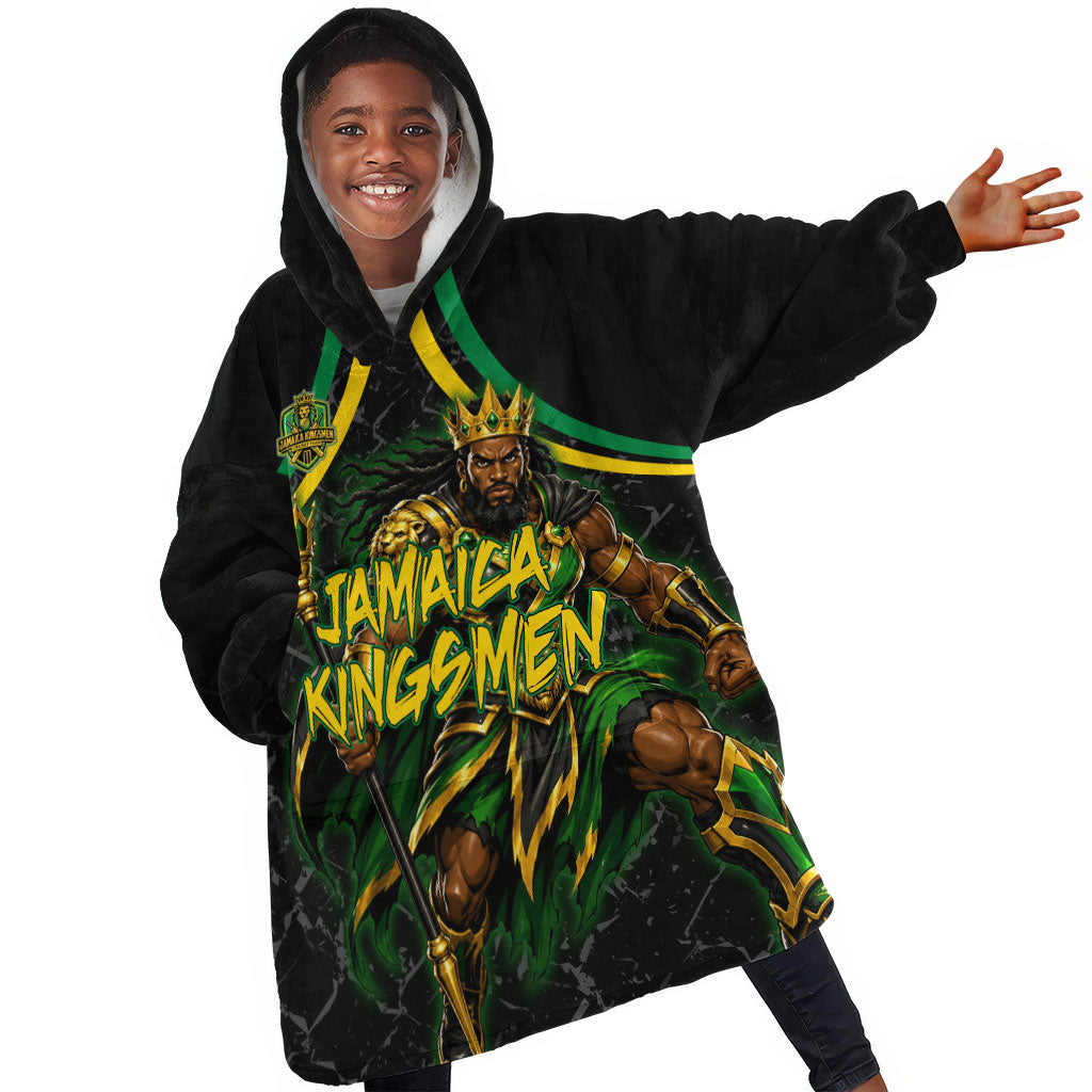 Personalized Jamaica Kingsmen Kid Wearable Blanket Hoodie Caribbean Cricket Royal Warrior King Mascot