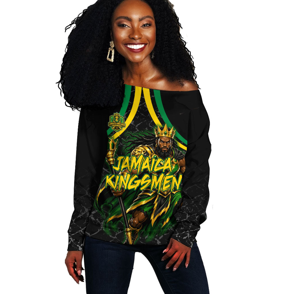 Personalized Jamaica Kingsmen Off Shoulder Sweater Caribbean Cricket Royal Warrior King Mascot