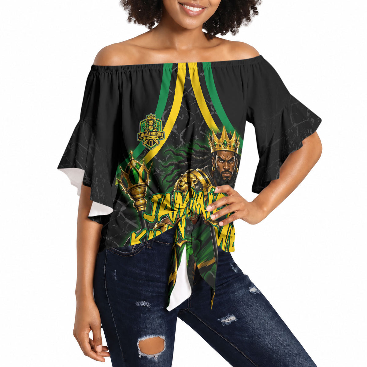 Personalized Jamaica Kingsmen Off Shoulder Wrap Waist Top Caribbean Cricket Royal Warrior King Mascot