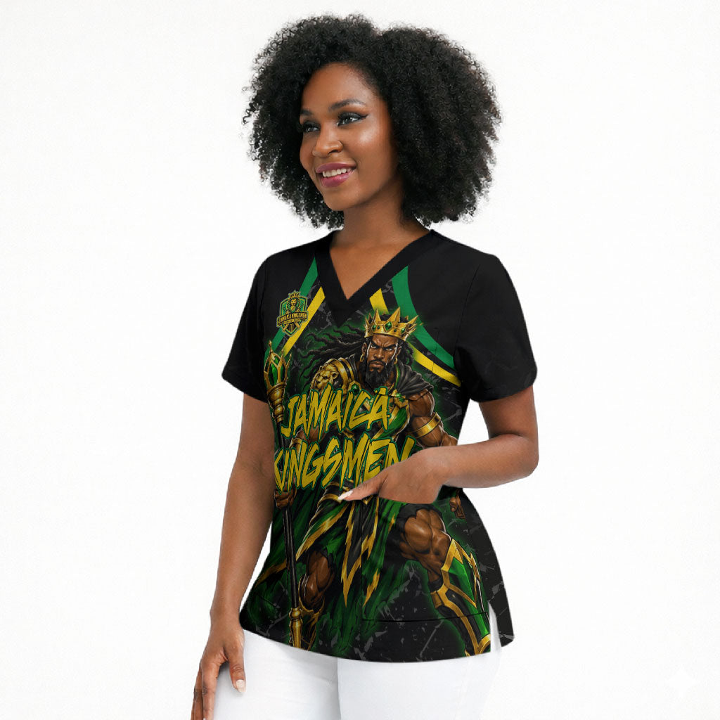 Personalized Jamaica Kingsmen Scrub Top Caribbean Cricket Royal Warrior King Mascot