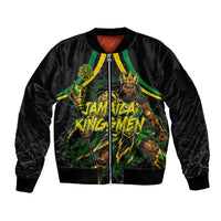 Personalized Jamaica Kingsmen Sleeve Zip Bomber Jacket Caribbean Cricket Royal Warrior King Mascot