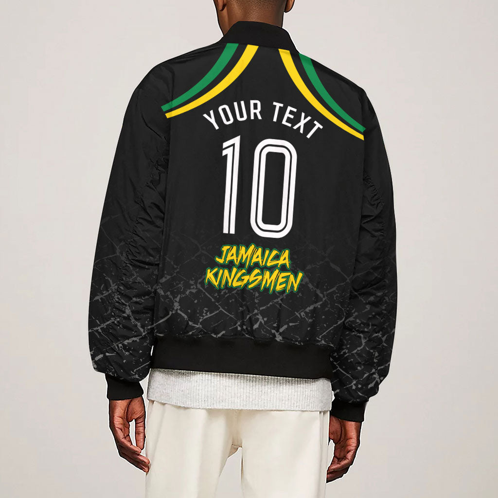 Personalized Jamaica Kingsmen Sleeve Zip Bomber Jacket Caribbean Cricket Royal Warrior King Mascot