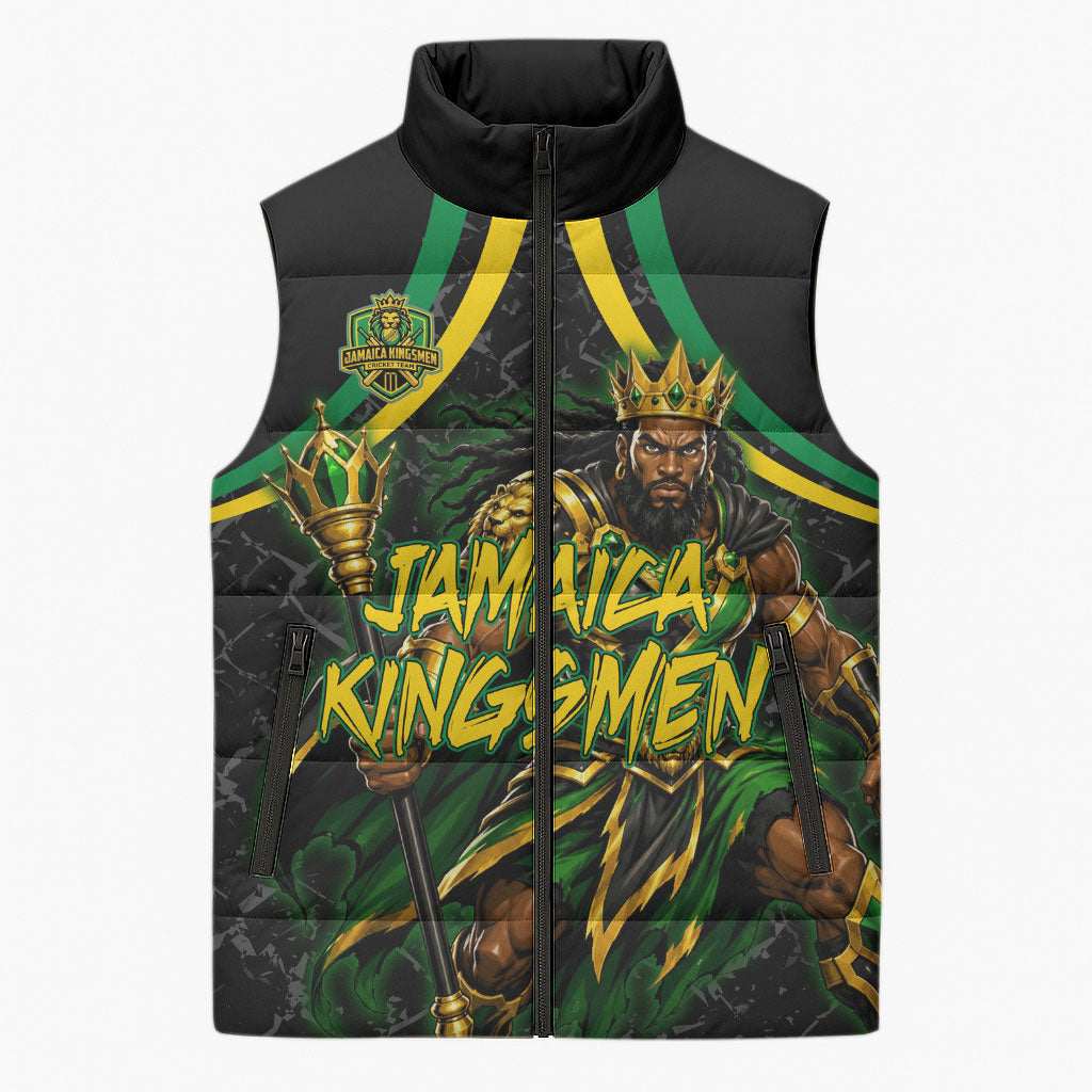 Personalized Jamaica Kingsmen Sleeveless Puffer Jacket Caribbean Cricket Royal Warrior King Mascot