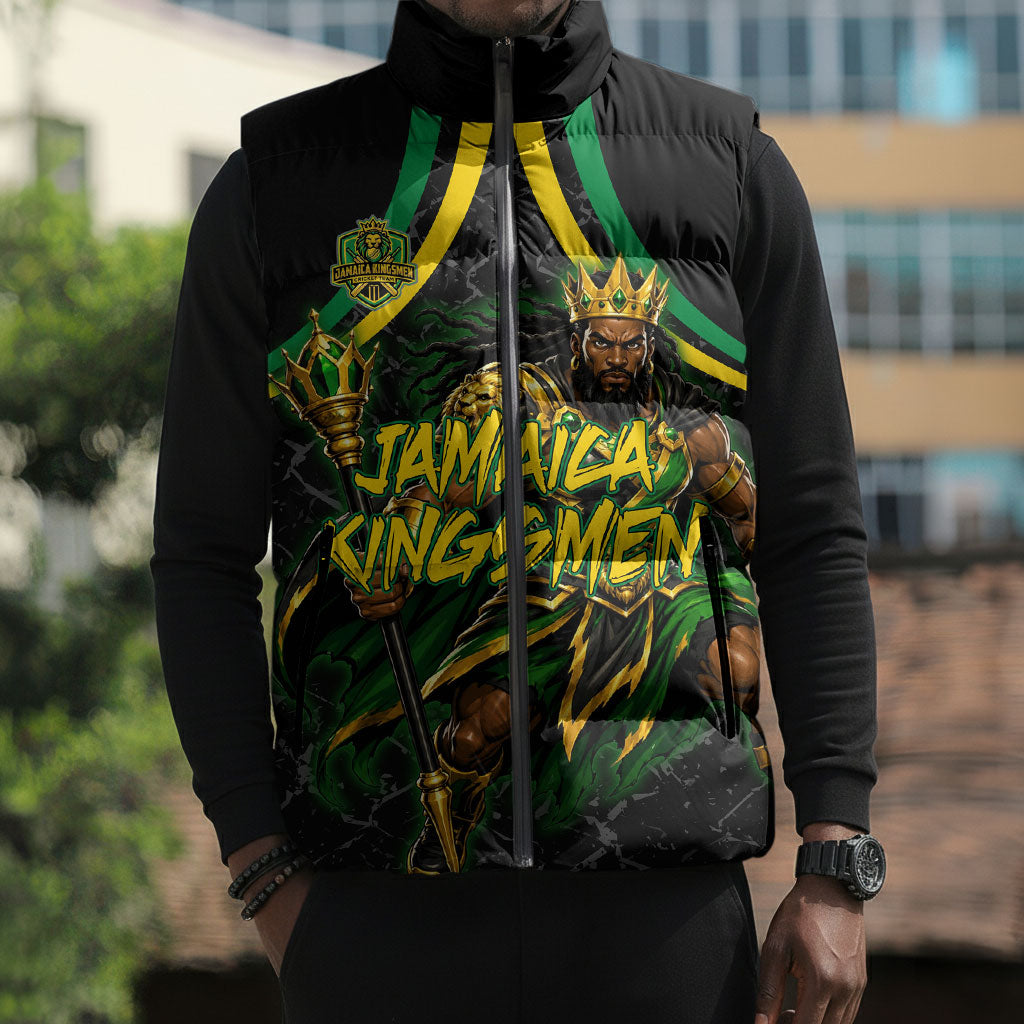 Personalized Jamaica Kingsmen Sleeveless Puffer Jacket Caribbean Cricket Royal Warrior King Mascot