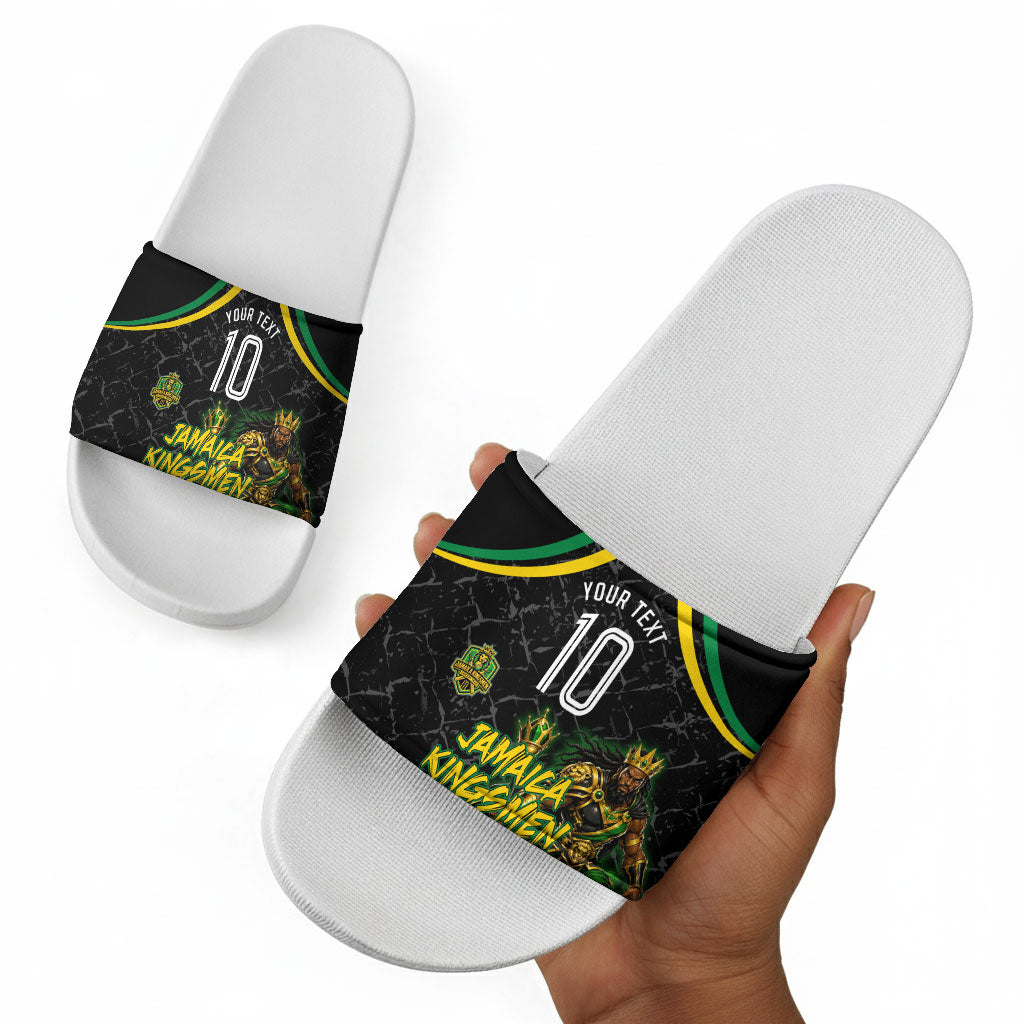 Personalized Jamaica Kingsmen Slide Sandals Caribbean Cricket Royal Warrior King Mascot