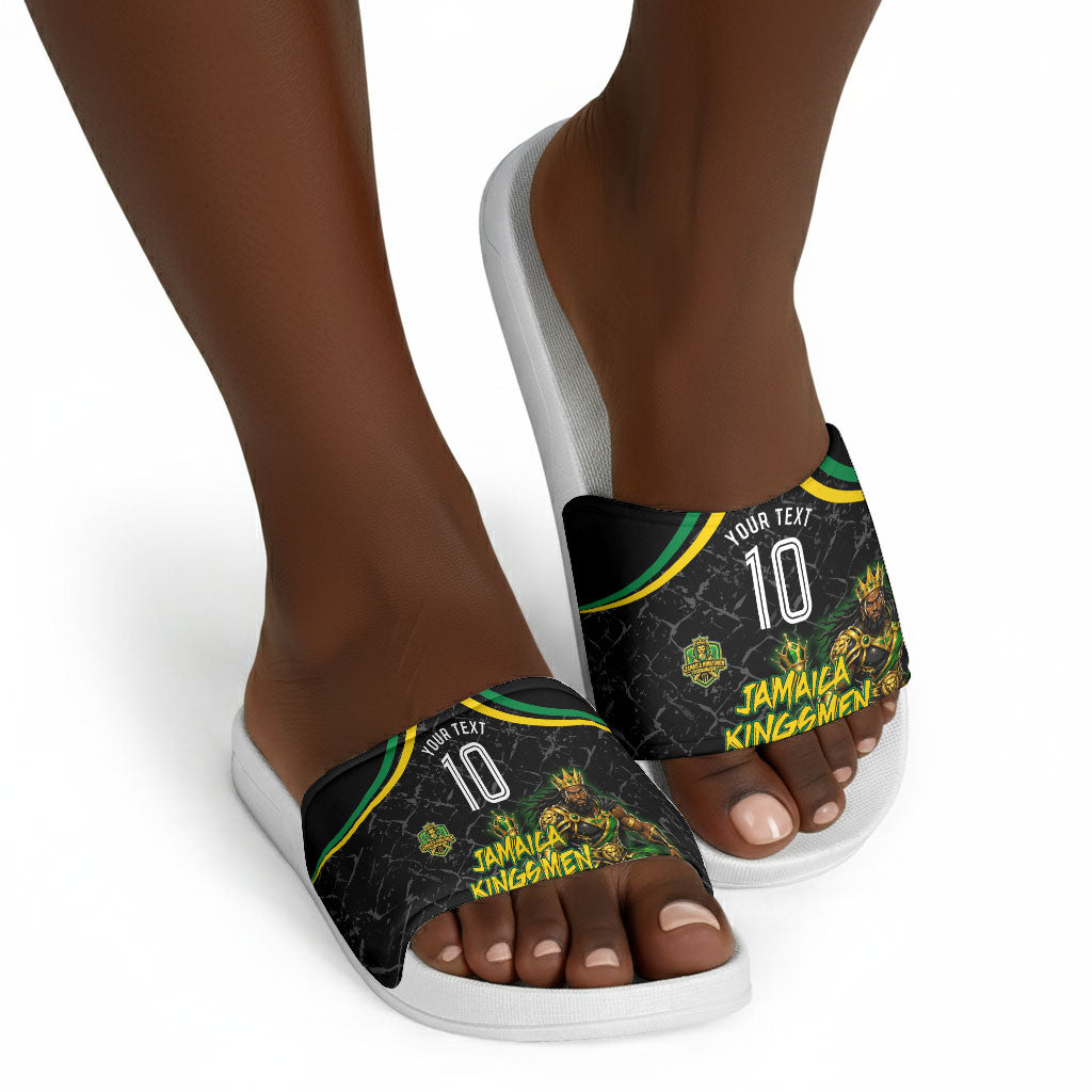 Personalized Jamaica Kingsmen Slide Sandals Caribbean Cricket Royal Warrior King Mascot