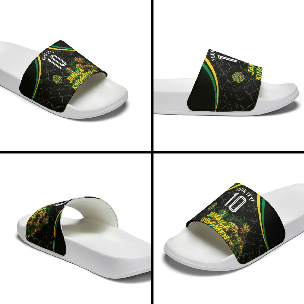Personalized Jamaica Kingsmen Slide Sandals Caribbean Cricket Royal Warrior King Mascot