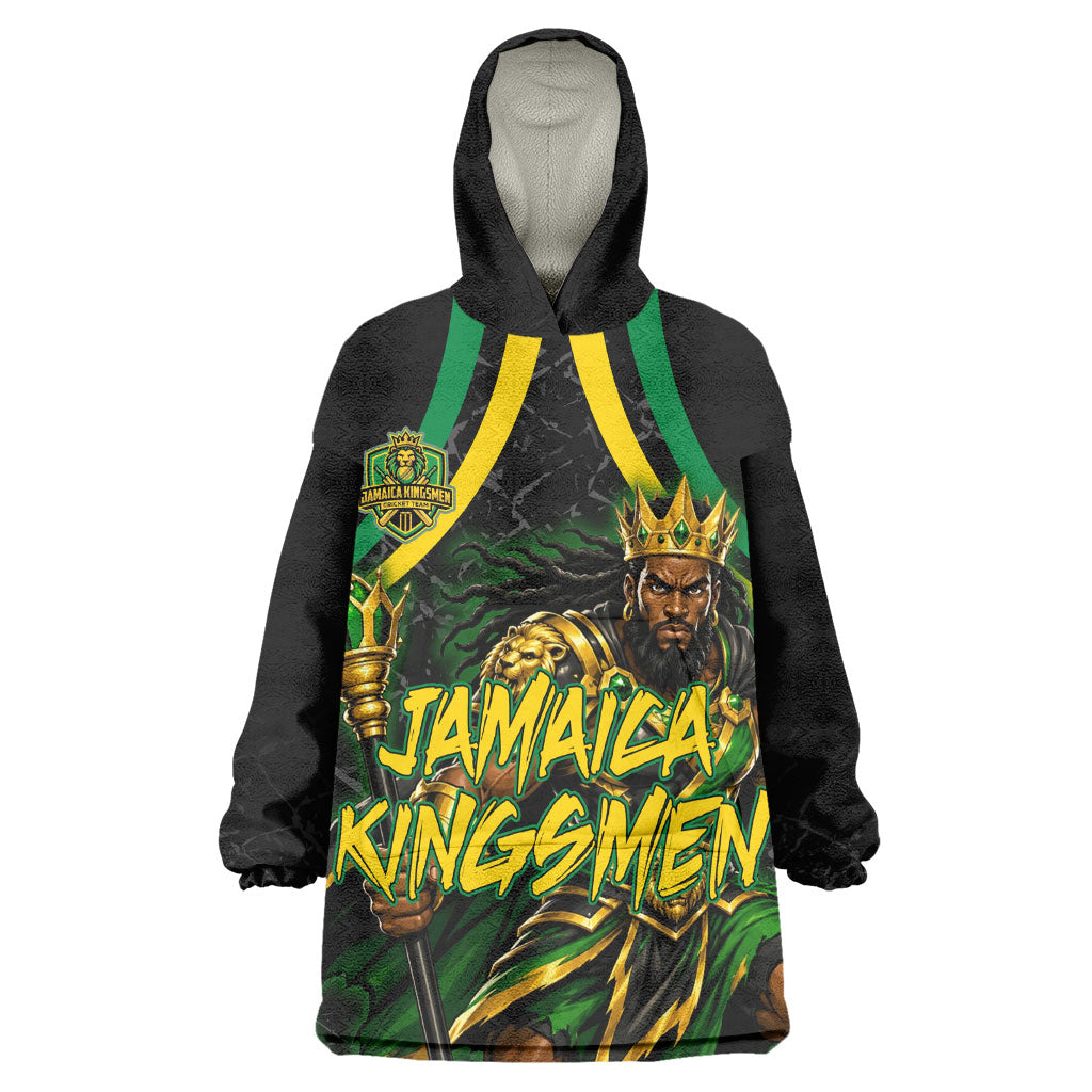 Personalized Jamaica Kingsmen Wearable Blanket Hoodie Caribbean Cricket Royal Warrior King Mascot