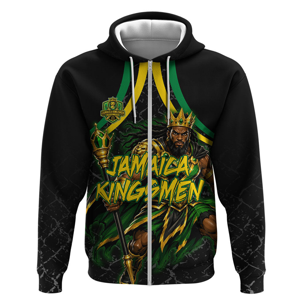 Personalized Jamaica Kingsmen Zip Hoodie Caribbean Cricket Royal Warrior King Mascot