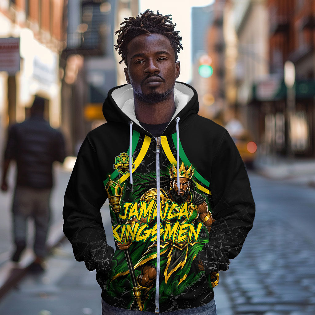 Personalized Jamaica Kingsmen Zip Hoodie Caribbean Cricket Royal Warrior King Mascot