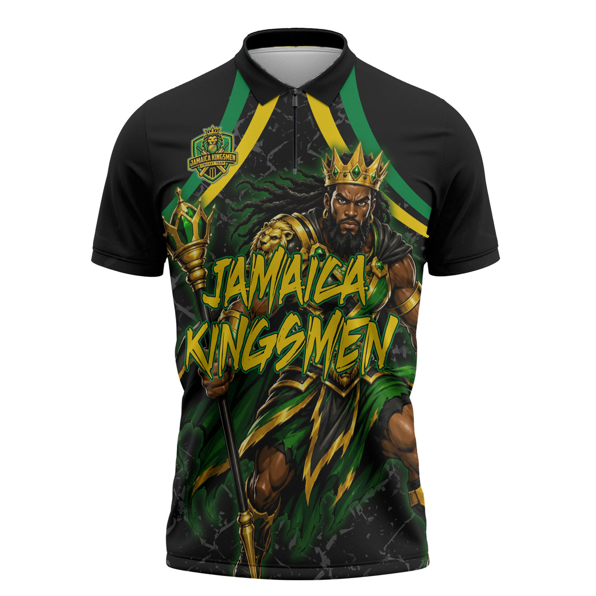 Personalized Jamaica Kingsmen Zipper Polo Shirt Caribbean Cricket Royal Warrior King Mascot