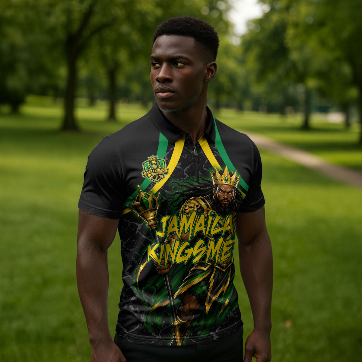 Personalized Jamaica Kingsmen Zipper Polo Shirt Caribbean Cricket Royal Warrior King Mascot