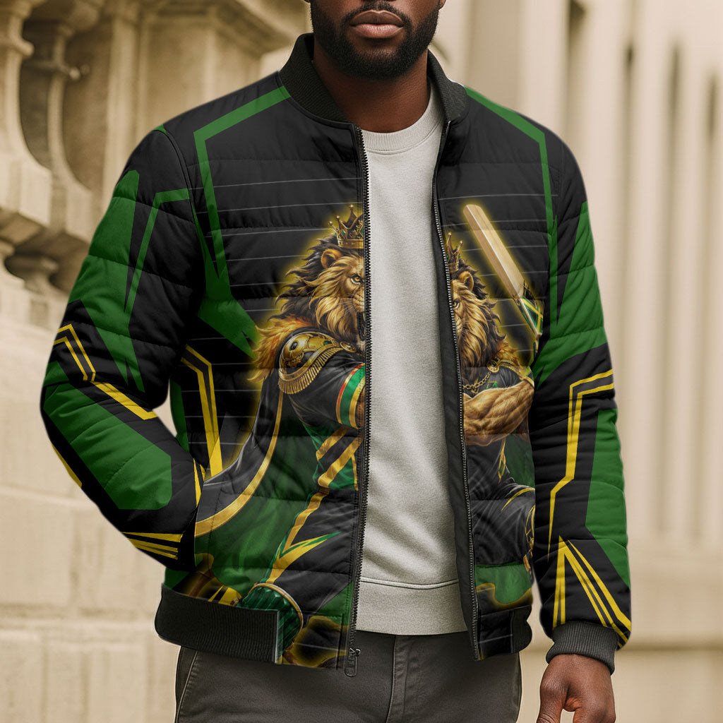 Personalized Jamaica Cricket Lion Mascot Bomber Puffer Jacket Kingsmen Royal King Batsman Sport