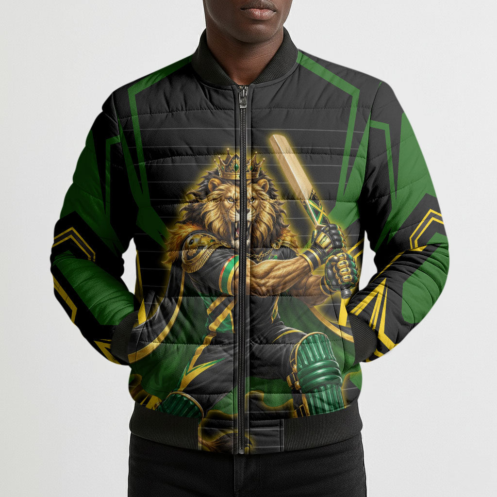 Personalized Jamaica Cricket Lion Mascot Bomber Puffer Jacket Kingsmen Royal King Batsman Sport
