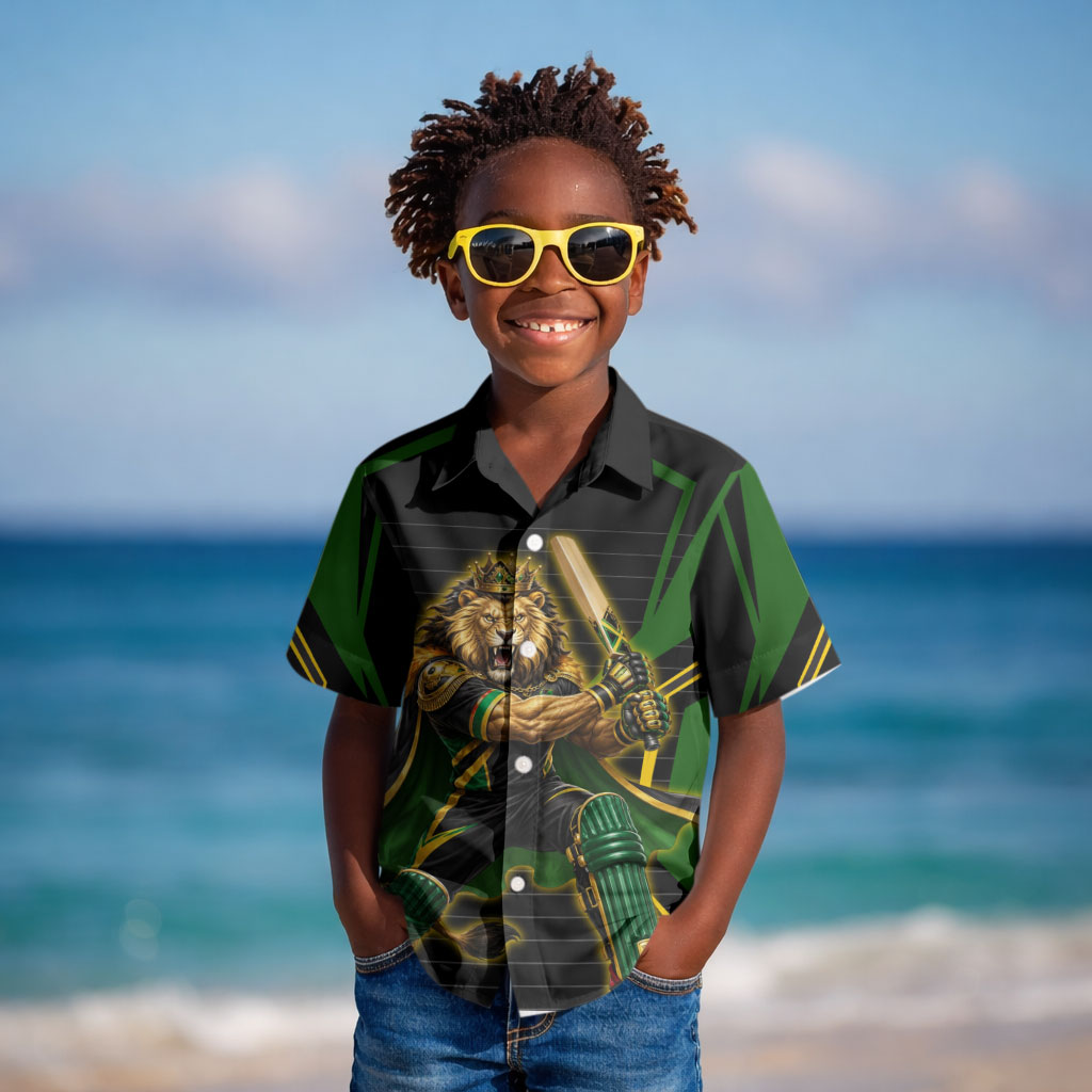 Personalized Jamaica Cricket Lion Mascot Kid Hawaiian Shirt Kingsmen Royal King Batsman Sport