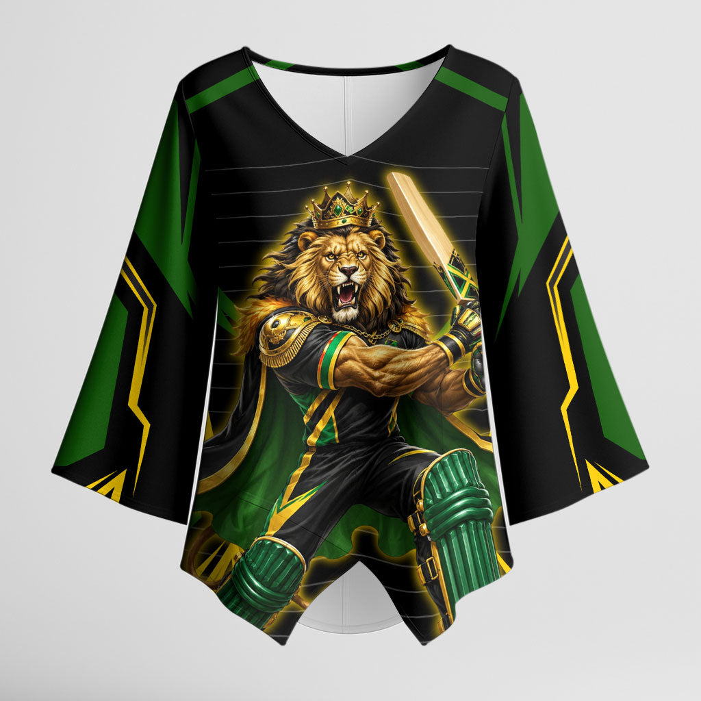 Personalized Jamaica Cricket Lion Mascot Kimono Sleeve Blouse Kingsmen Royal King Batsman Sport